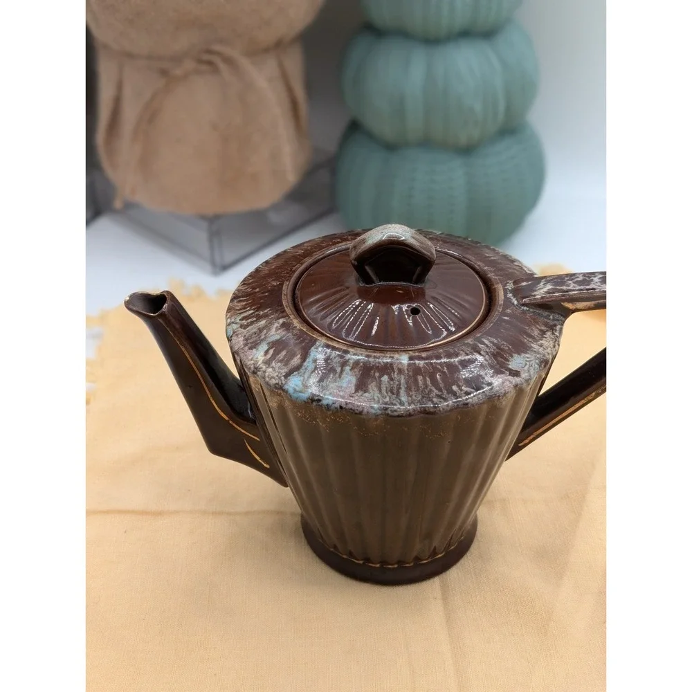 Vintage Mid Century Modern Drip Glaze Teapot Brown Ribbed Ceramic Tea Pot Japan